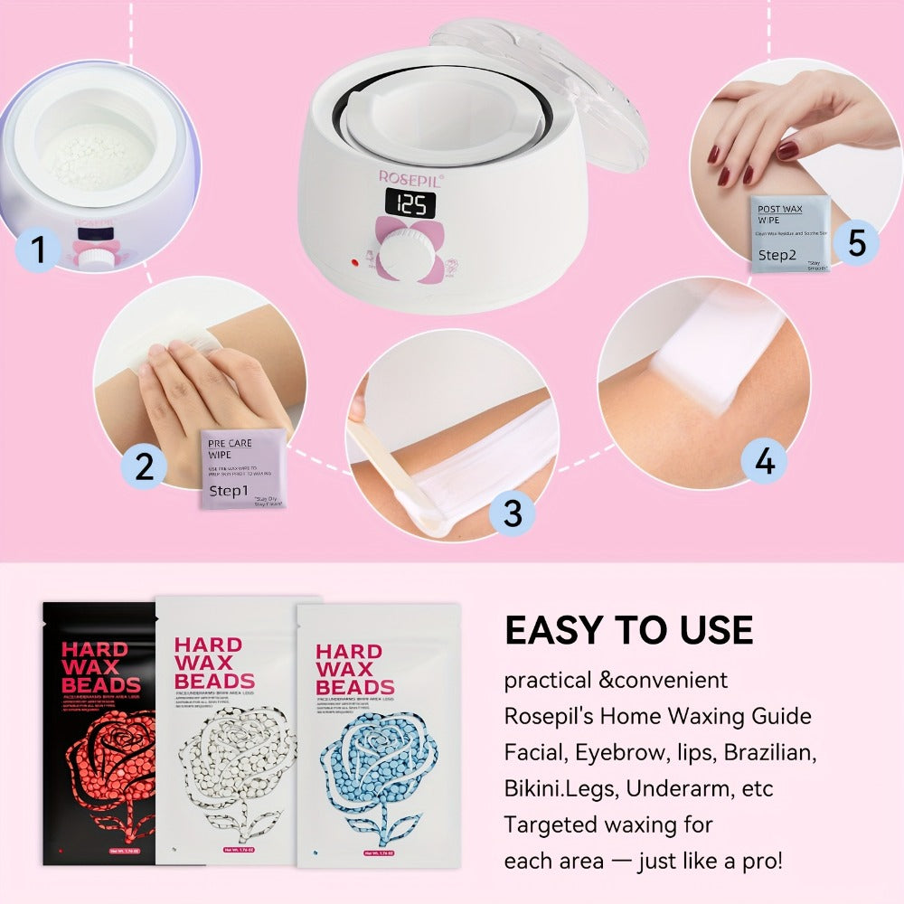 Digital Wax Heater Hair Removal Kit with Intelligent Temperature Control, Includes 6 Packets (3 Colors) Of Wax Beads for Precise Hair Removal - Suitable for Body, Bikini Line, And Face, Salon-grade for Home Use.