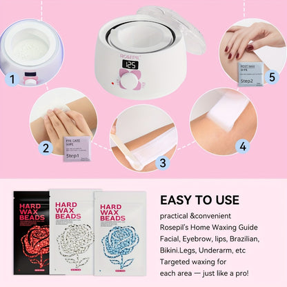 Wax Heater Hair Removal Kit Digital Temperature Control 6 Wax Bead Packets Body Bikini Face Salon-Grade At-Home Waxing Set Purple White