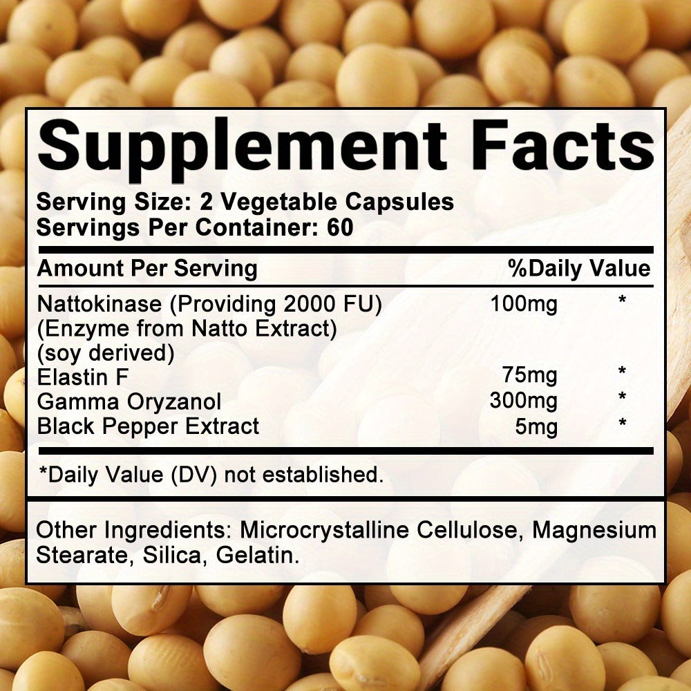 [120 Capsules] Cardiovascular Dietary Supplement - Contains Nattokinase And Gamma-Oryzanol To Support Brain And Heart Health - 120 Capsules (1 And 2 Bottles)