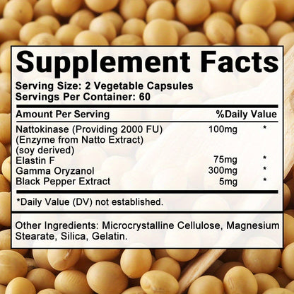 Nattokinase & Gamma-Oryzanol Cardiovascular Supplement — Heart & Brain Health Capsules | Supports Circulation & Cholesterol Balance | 120 or 240 Capsules
