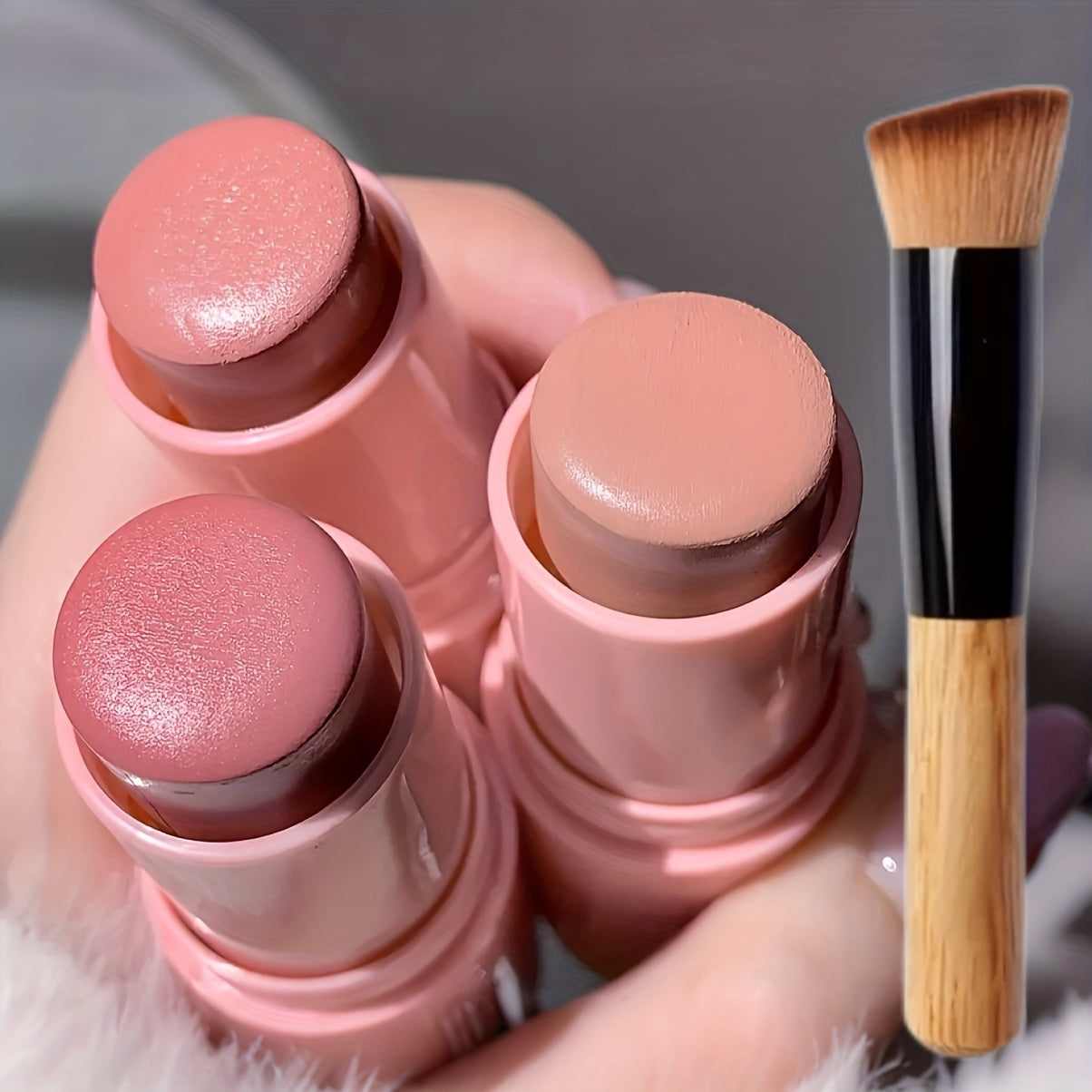 Cream Blush Stick Set 3pcs - Multifunctional Matte Brightening Formula, Long-Lasting Waterproof & Non-Greasy | Blendable Face Blush for Cheeks, Lips & Eyes | Travel-Friendly Daily Makeup