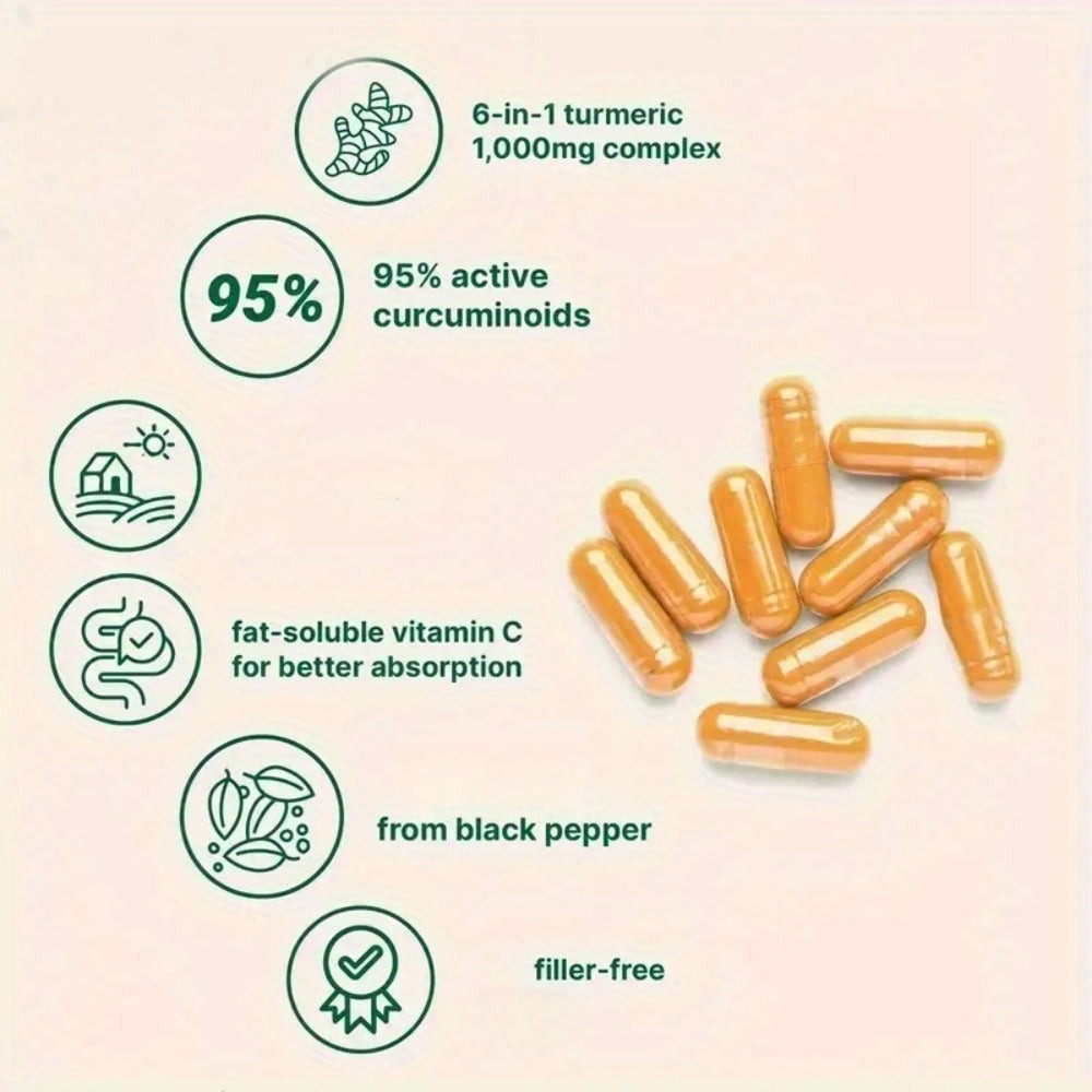 Capsules Containing Turmeric in a 6-In-1 Formula, Providing a 120-Day Supply with 120 Capsules, Featuring 95% Natural Active Curcumin, Abundant in Vitamin C And Probiotics! A Must-Have for Every Home And an Ideal Present!