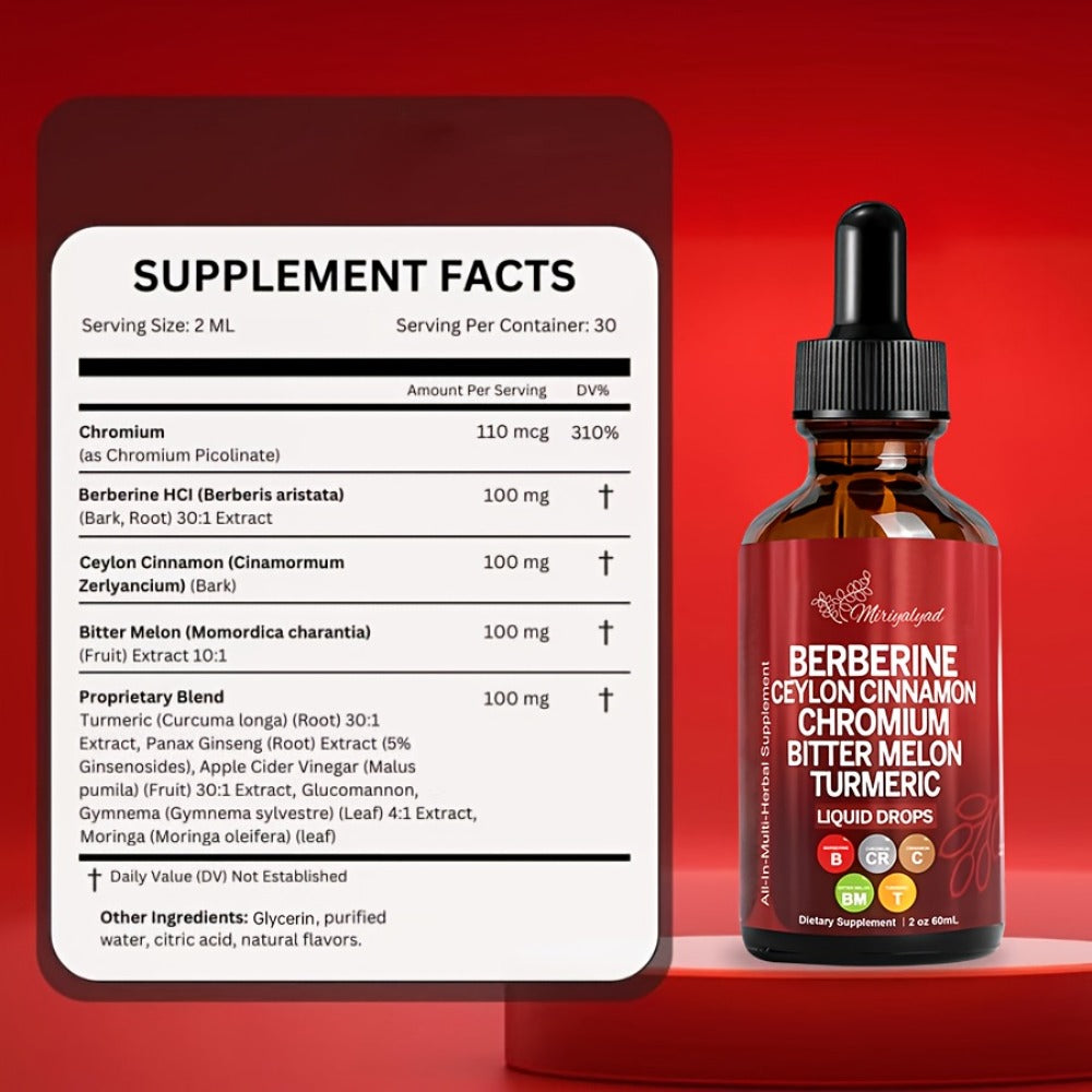 [Natural Plant Supplement] Herbal Liquid Drops With Berberineceylon Cinnamonchromiumbitter Melonturmeric | Natural Plant-Based Supplement | 2 Fl Oz Dietary Supplement