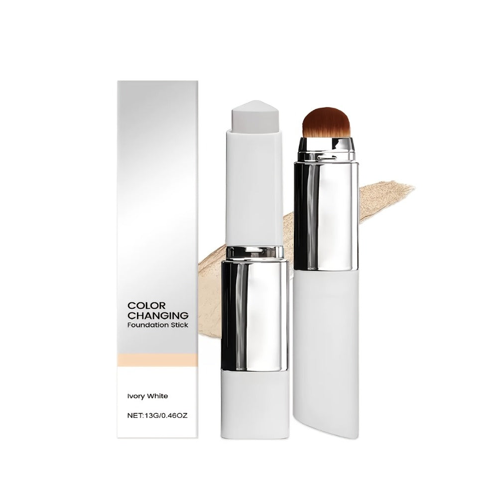 Color-Changing Foundation Stick 2PCS with Built-In Brush & Puff - Skin Tone Adapting Lightweight Matte Finish Sheer to Buildable Coverage Everyday Makeup for Women Ivory White Natural & Dark Skin