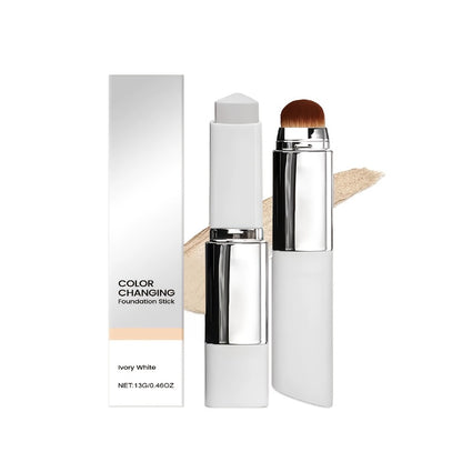Color-Changing Foundation Stick 2PCS with Built-In Brush & Puff - Skin Tone Adapting Lightweight Matte Finish Sheer to Buildable Coverage Everyday Makeup for Women Ivory White Natural & Dark Skin