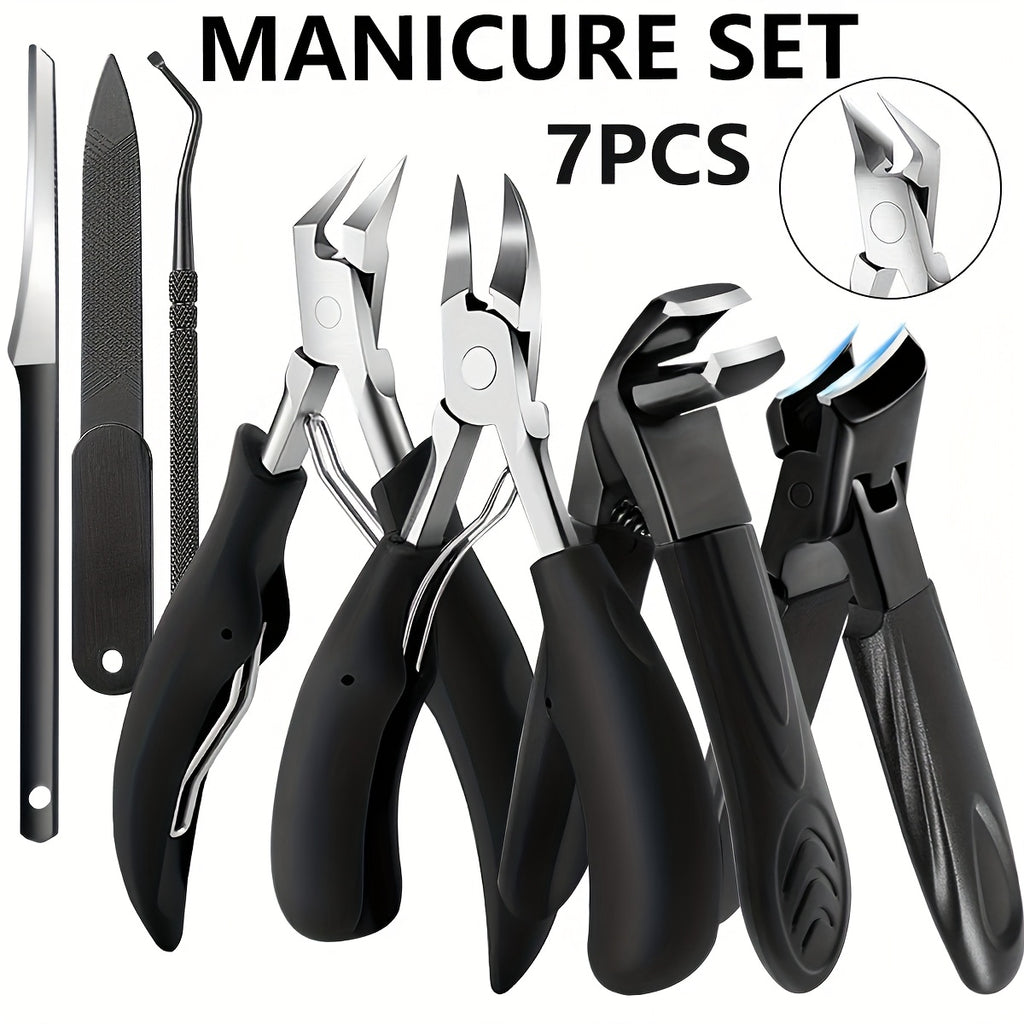 7pcs Heavy-Duty Toenail Clipper Set for Seniors - Angled and Curved Blades, Splash Guard, Long Handle, Includes Nail File, Professional Pedicure Tool Kit, Nail Clippers