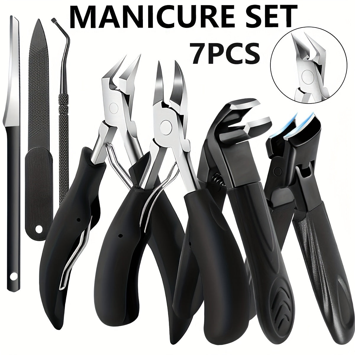 7pcs Heavy-Duty Toenail Clipper Set for Seniors - Angled and Curved Blades, Splash Guard, Long Handle, Includes Nail File, Professional Pedicure Tool Kit, Nail Clippers