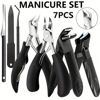 Toenail Clipper Set 7pcs Heavy Duty for Seniors - Angled Curved Stainless Steel Blades Splash Guard Long Handle Nail File Pedicure Tool Kit