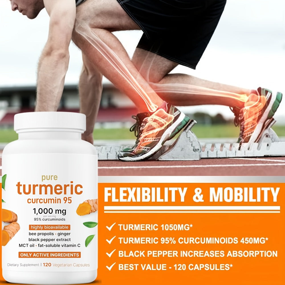 120 Capsules Premium Turmeric Curcumin 1000mg Supplement - Triple Action Heart & Brain Support With Ginger, Black Pepper & Bee Propolis - Natural Herbal Formula For Men & Women, Family Health Product