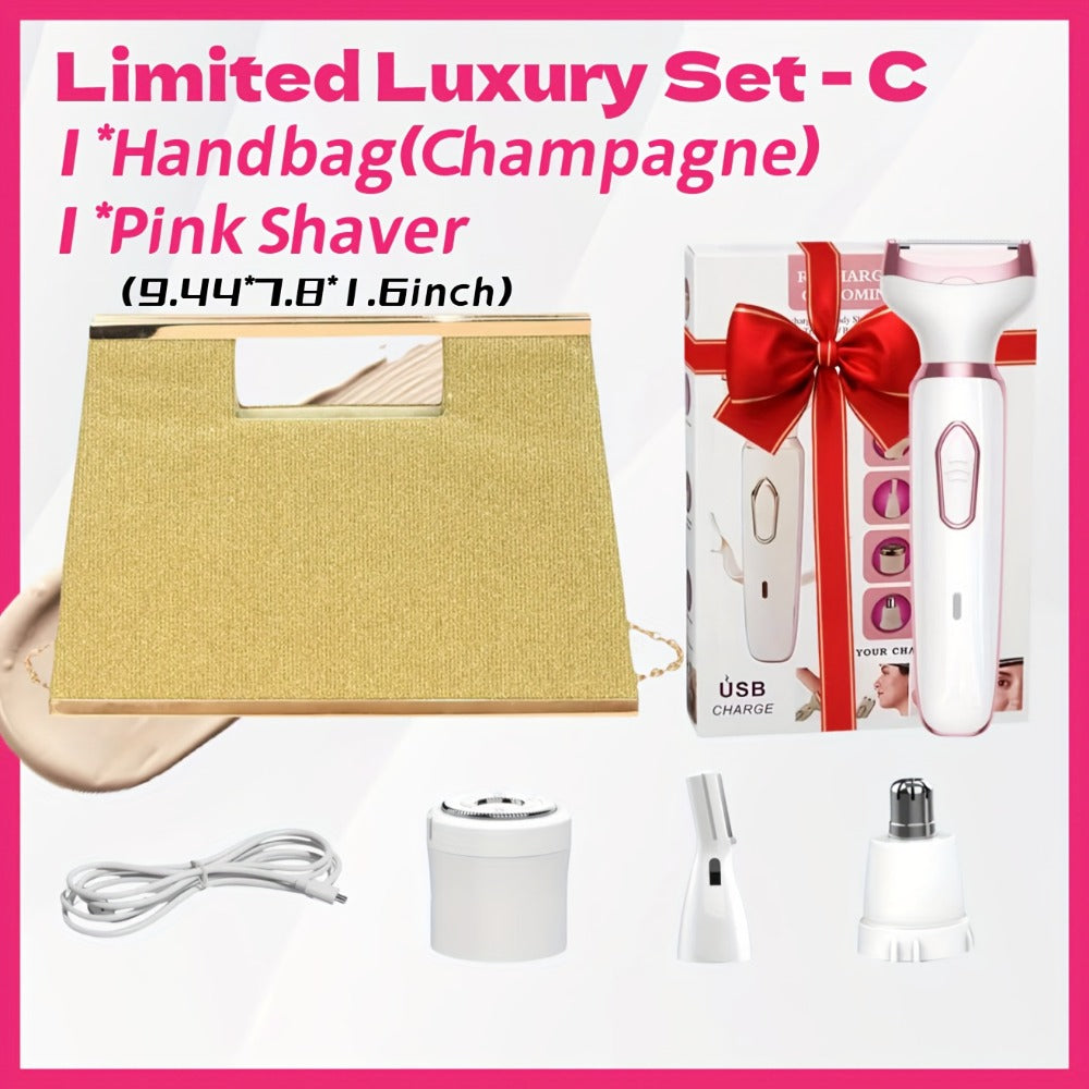[4-in-1 Painless Razor for Women] 4-in-1 Rechargeable Electric Razor for Women - Face, Nose, Legs, Underarm, Bikini Trimmer - Wet & Dry, Painless Grooming Kit - Portable & Rechargeable