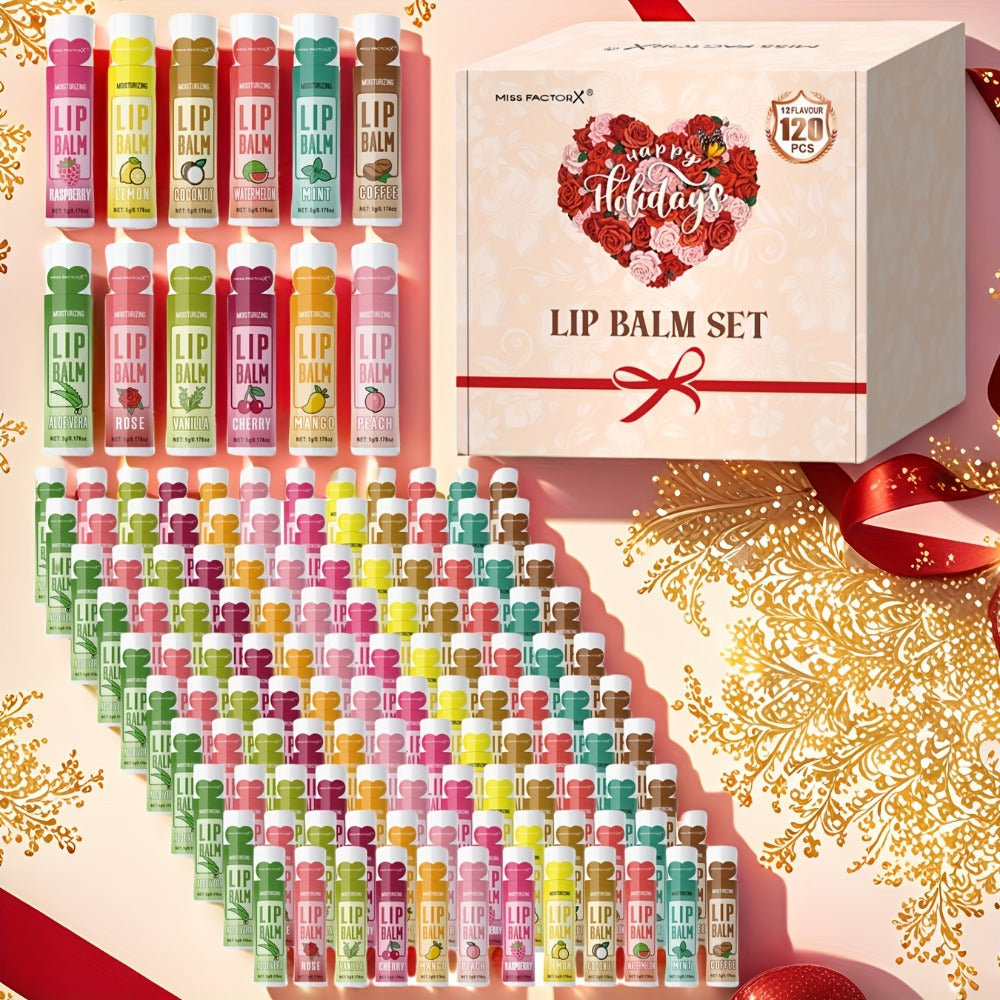 120pcs MISS FACTORX Lip Balm Gift Set - 12 Unique Flavors, Long-Lasting Moisturization & Natural Shine, Jojoba Oil Included, Suitable for All Skin Types, Ideal Choice for Mother's Day and Party Gifts