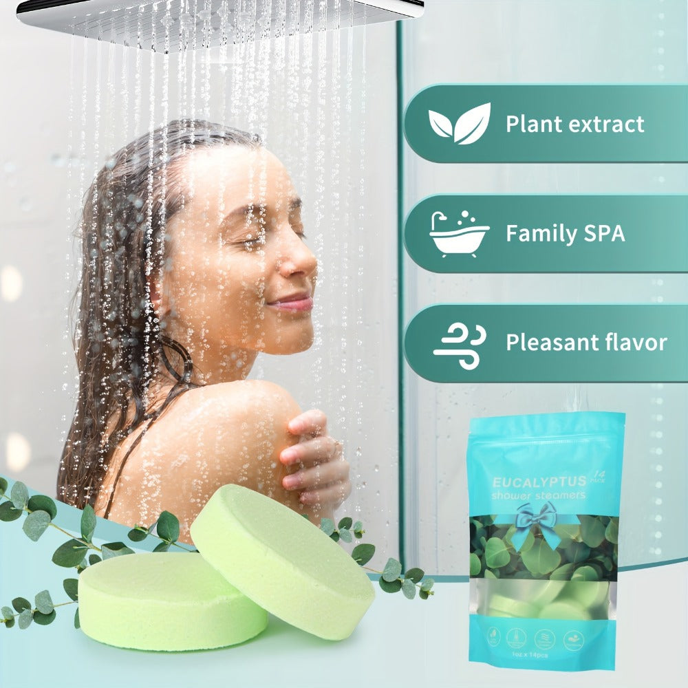 14pcs Eucalyptus Shower Steamers - Essential Oil Infused Bath Salt Balls, Ideal For Normal Skin, Fresh Scent - Perfect Halloween, Christmas & Birthday Gift For Men And Women - Must-Have Travel & Daily Use Bath Accessory-Local Warehouse