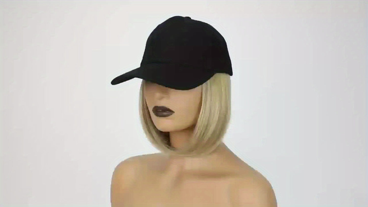 Hat Wig for Women Baseball Cap with Attached Hair Short Bob 12 Inch 2-in-1 Glueless Synthetic Straight Adjustable Breathable Cap Heat Resistant Natural Look Easy Wear
