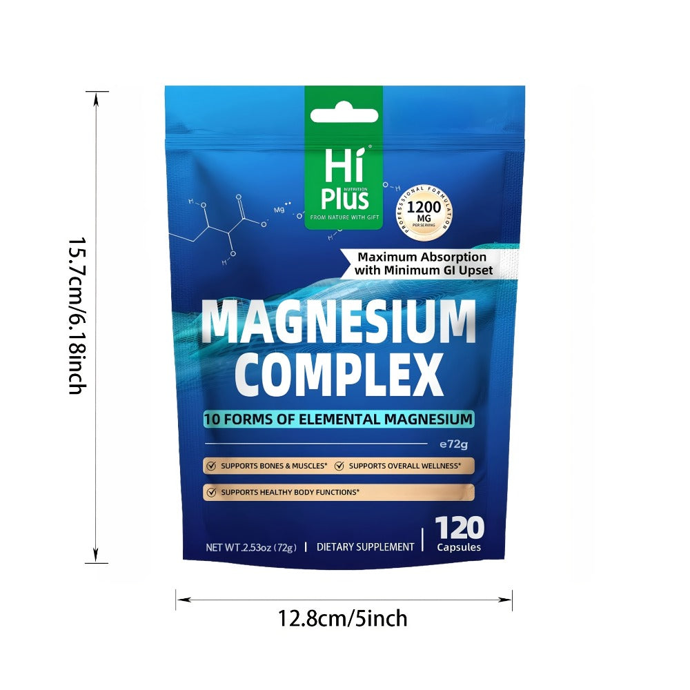10-in-1 Magnesium Glycinate Complex (1200mg) - Full Spectrum High Absorption Blend - Supports Deep Sleep, Calm - Heart, Bone & Nerve Health - Gentle On Stomach - Vegan Supplement (120 Caps) By HiPlus