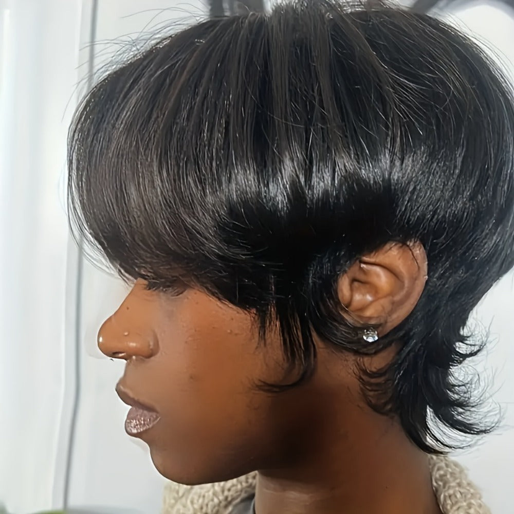 Pixie Cut Wig Human Hair with Bangs — Glueless Short Brazilian Layered Machine Made Throw-On-and-Go Hairpiece, Natural Black & Brown Colors for Women Daily Wear