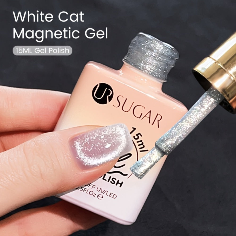 UR SUGAR 2pcs/Set 0.51oz Shine White Cat Magnetic Gel Nail Polish on Any Color Gel Sparkling Glitter Semi Permanent Soak Off Gel with Magnetic Stick