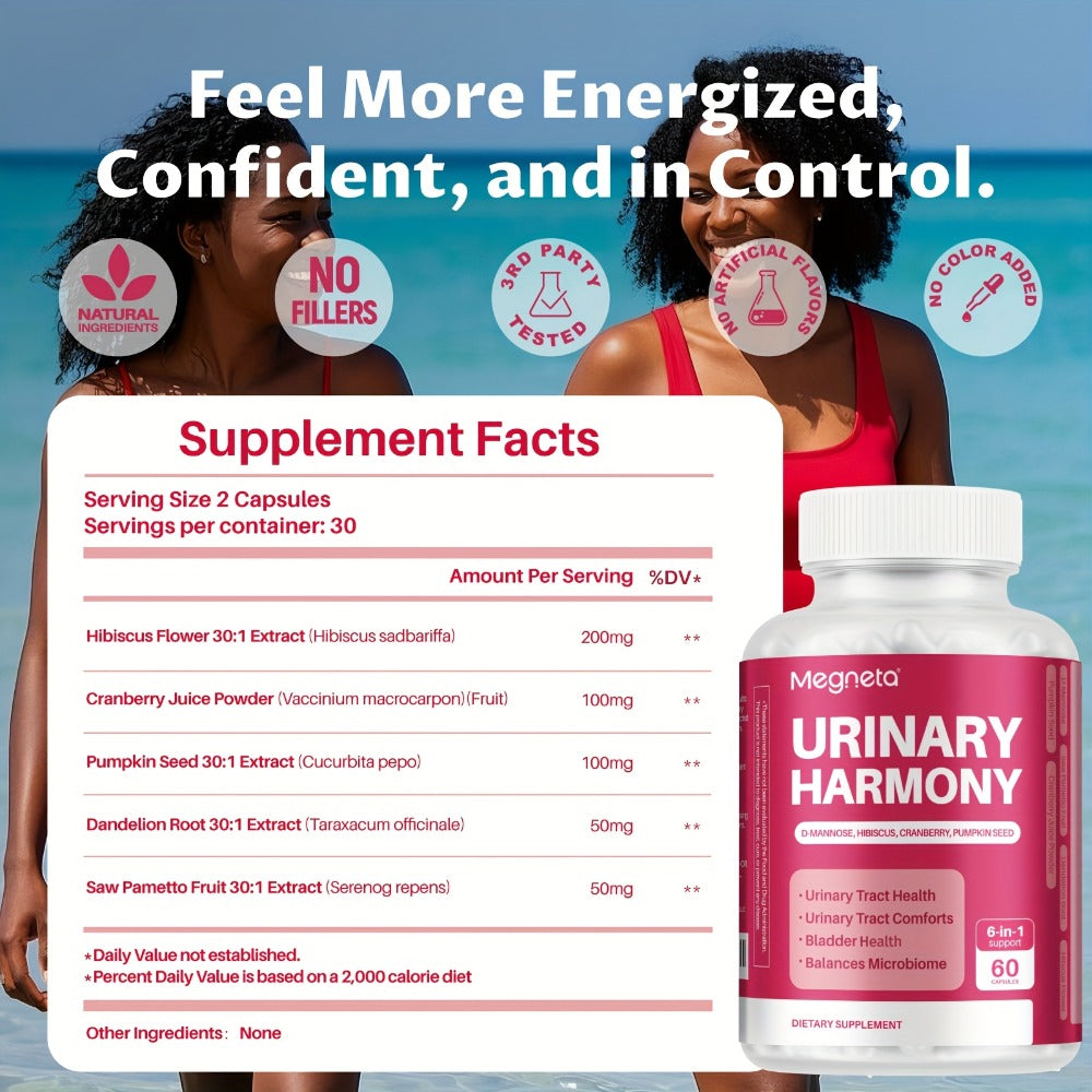 Megneta Women'S Urinary Tract Cleanse Supplement, Featuring D-Mannose, Cranberry, Dandelion, Hibiscus Flower, Saw Palmetto, And Pumpkin Seed - 60 Capsules