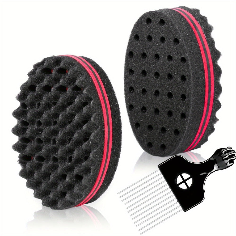 Twist Sponge Brush & Styling Comb Set for Curly Natural Black Hair — Metal Pick & Coil Definer Tools for Afro Coils, Locs & Short Hair