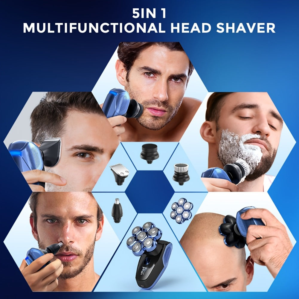 Head Shaver for Bald Men 7D Waterproof Wet Dry Electric Razor 5-in-1 Grooming Kit Type-C Rechargeable 6500-7500RPM Rotary Shaver with Nose Hair Trimmer