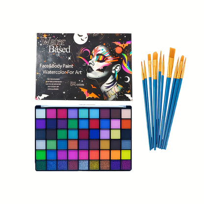 Face Body Paint Set 54 Colors — Matte, UV Fluorescent & Glitter Palette with Pattern Templates, Brushes & Tattoo Stickers for Sports, Cheerleading, Festivals & Parties