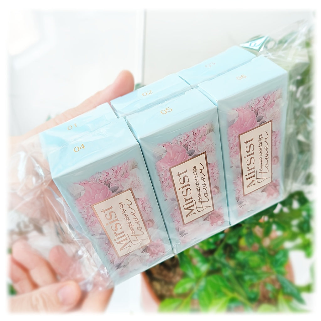 Group of Six Mirsist Flower Changed Color for Lips in Opp Bags Six-In-One Flavored Color Changing Lipstick Transparent Change to Pink Lip Balm Popular Beauty Makeup