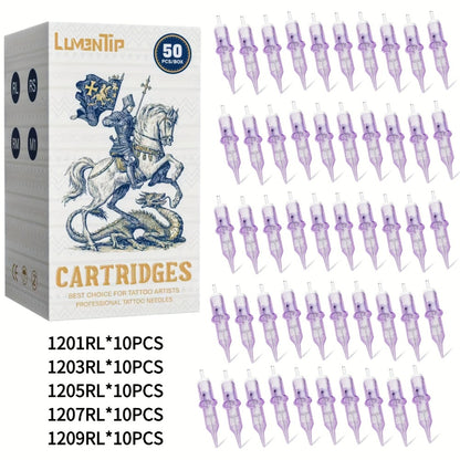 Tattoo Cartridge Needles 50pcs Mixed #12 — Lumentip RL RS RM M1 Stainless Steel, Safety Membrane, Fits All Tattoo Machines & Pens, for Artists & Beginners