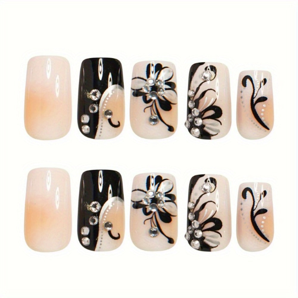 48pcs Black and White Suit Fake Nails Square French and Butterfly Pattern Full Coverage Fake Nails Fake Nails Detachable Nail Suit Is an Excellent Choice for Ladies and Valentine's Day Thanksgiving Holiday Party Gifts.