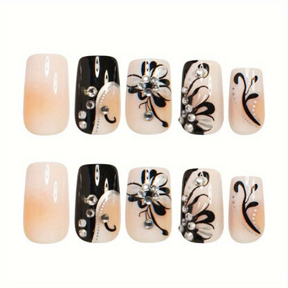 Press On Nails 48 Pieces - Black and White Square Matte Fake Nails | French Tip Butterfly Pattern Full Cover Detachable False Nails for Women, Valentine's Day Thanksgiving Holiday Party Gift Set