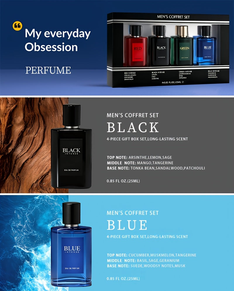 [Holiday Gifts] 4pcs Set, Men's Eau De Toilette Spray Gift Box, Long Lasting Fragrance, 4 Different Flavor, Perfect for Holiday Gifts, Dating, Daily Life, Parties, 0.85fl.oz/bottle