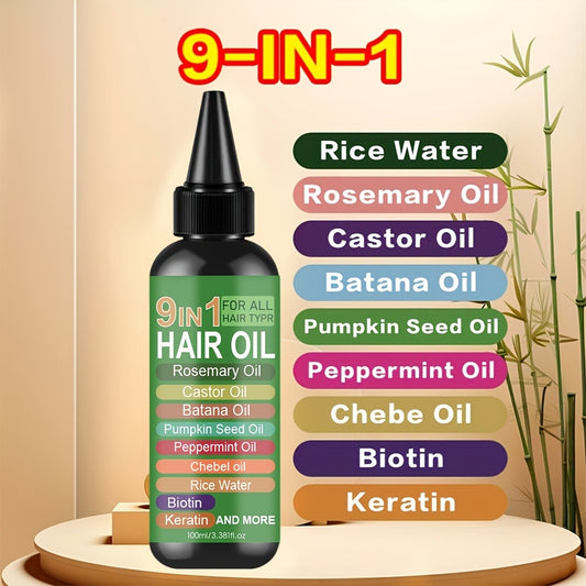 [ 9-in-1 ] Hair Oil with Rice Water, Rosemary Oil, Castor Oil, Batana Oil, Pumpkin Seed Oil, Peppermint Oil, Chebe Oil, Biotin, Keratin for Moisturizing Smoothness, Suitable for All Hair Types. Split Ends, Deter Hair Breakage.
