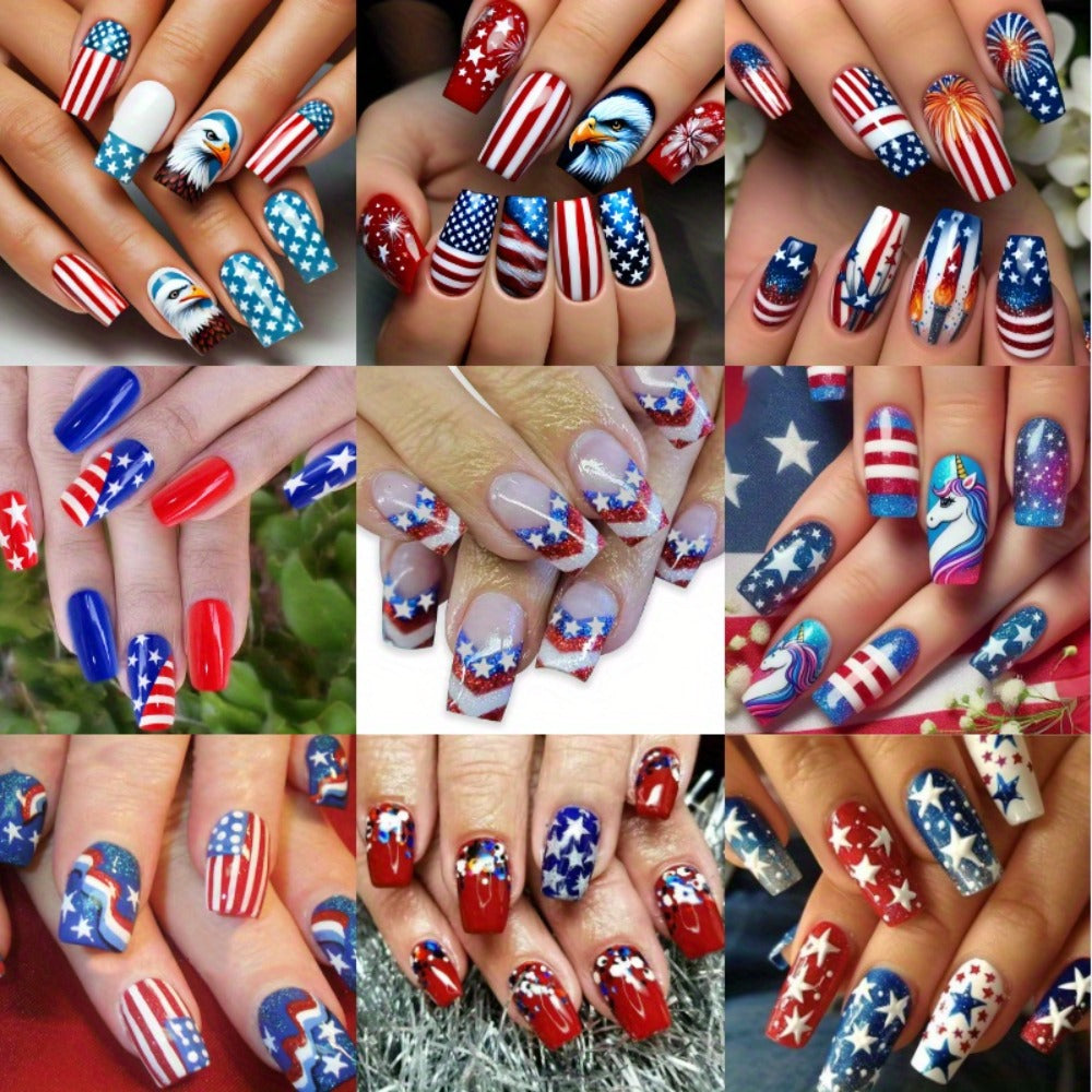 216pcs 4th of July Press On Nails - Red White Blue Stars Stripes Medium Coffin Acrylic Fake Nails, Full Cover Glossy Finish for Women, Patriotic Manicure Nail Art (9pcs), Festive Nail Designs, Festive Patterns, Striking Design Variety