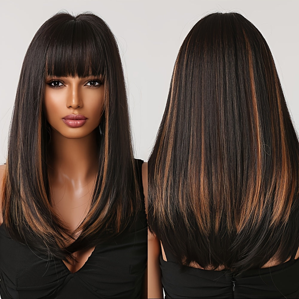 A 24-Inch Synthetic Wig Featuring Black Straight Hair with Orange Highlights And Bangs, Designed with a Headband for Women. It Includes a Dyed Rose Mesh Hat Made of Matte High-Temperature, Perfect for Fashionable And Trendy Everyday Wear. It'S Comfo