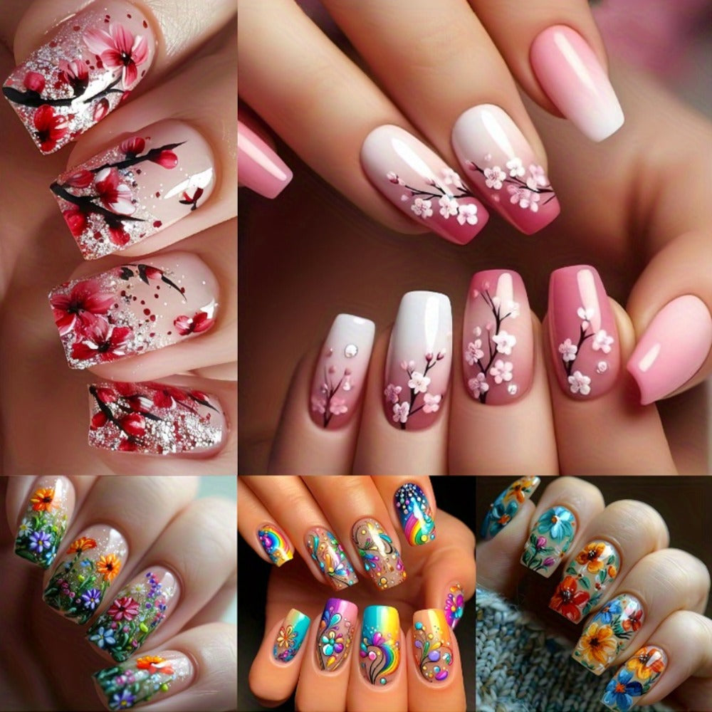 120pcs 5pcs Mixed Color System Nail Art Set, Glossy Finish, Square, Medium Length, Floral and Striped Patterns, Spring/Summer Removable Nail Art Stickers
