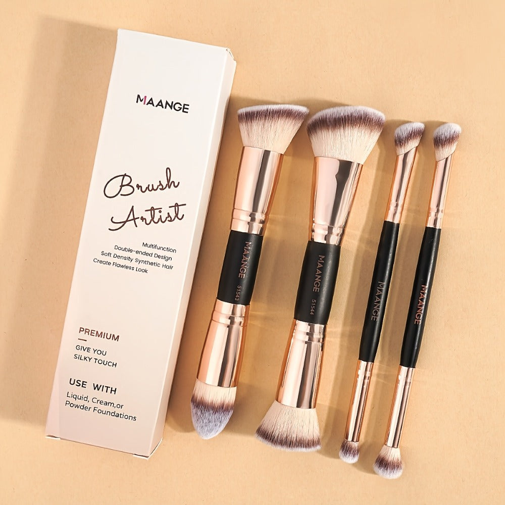 Professional Facial Double-Ended Makeup Brushes Set 4 Counts/Set Bevel & Taper Foundation Brush & Contour Brush & Blush Brush & Powder Brush, Makeup Tools for Travel, Makeup Brushes, Makeup Brushes Kits