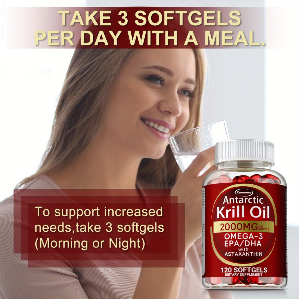 Antarctic Krill Oil - 2000 Mg - Rich in Omega-3 EPA, DHA and Astaxanthin - Supports Bone, Immune Health - 120pcs