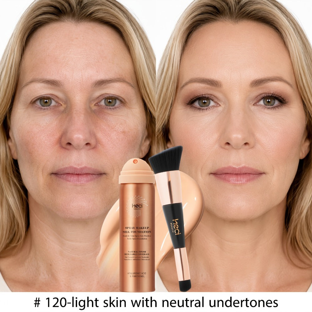 Liquid Foundation Spray with Brush 2PCS Matte Finish Panthenol & Hyaluronic Acid for Sensitive Dry Mature Skin Non-Sticky Natural Flawless Coverage Women