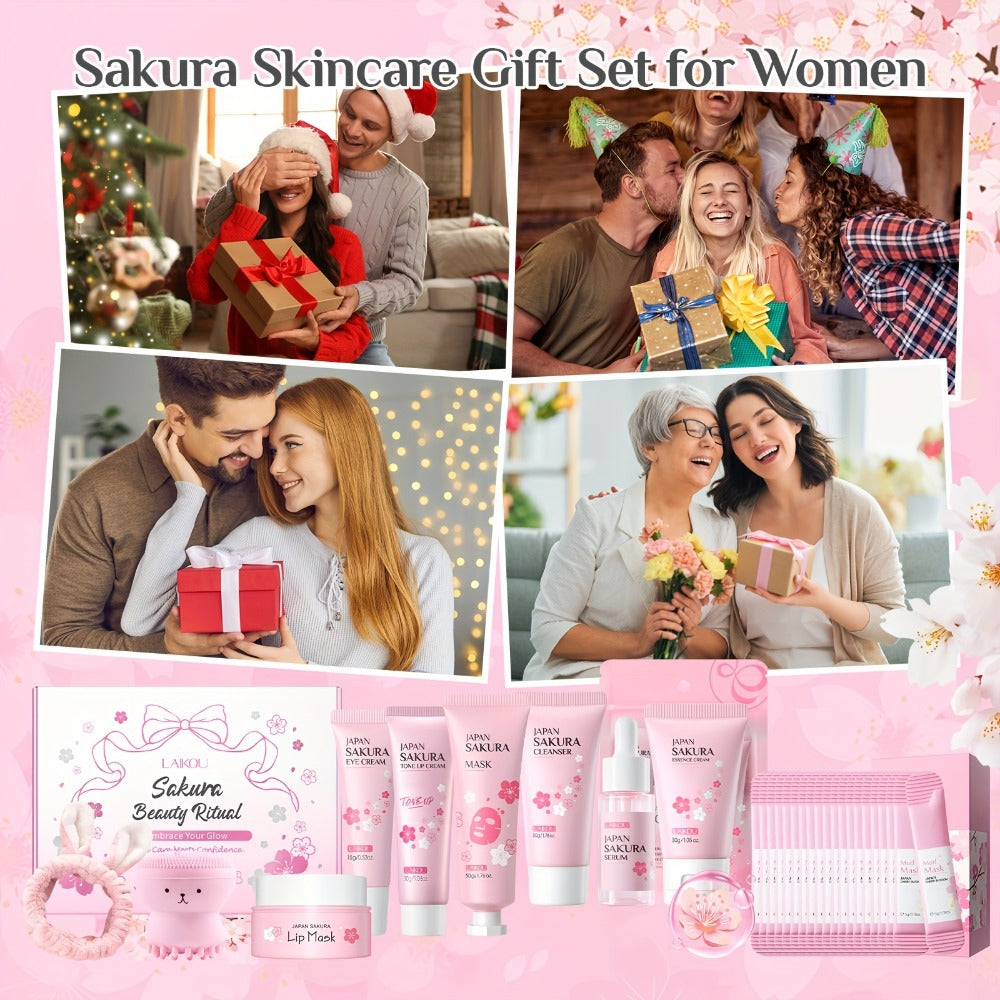 Cherry Blossom Skincare Gift Set, Facial Care Set with Essence Cream, Cleanser, Toner, Eye Cream, Mud Mask, Exfoliating Mask, Eye Mask, Toning Cream, Lip Balm, Etc., Birthday Mother's Day Gift for Female s