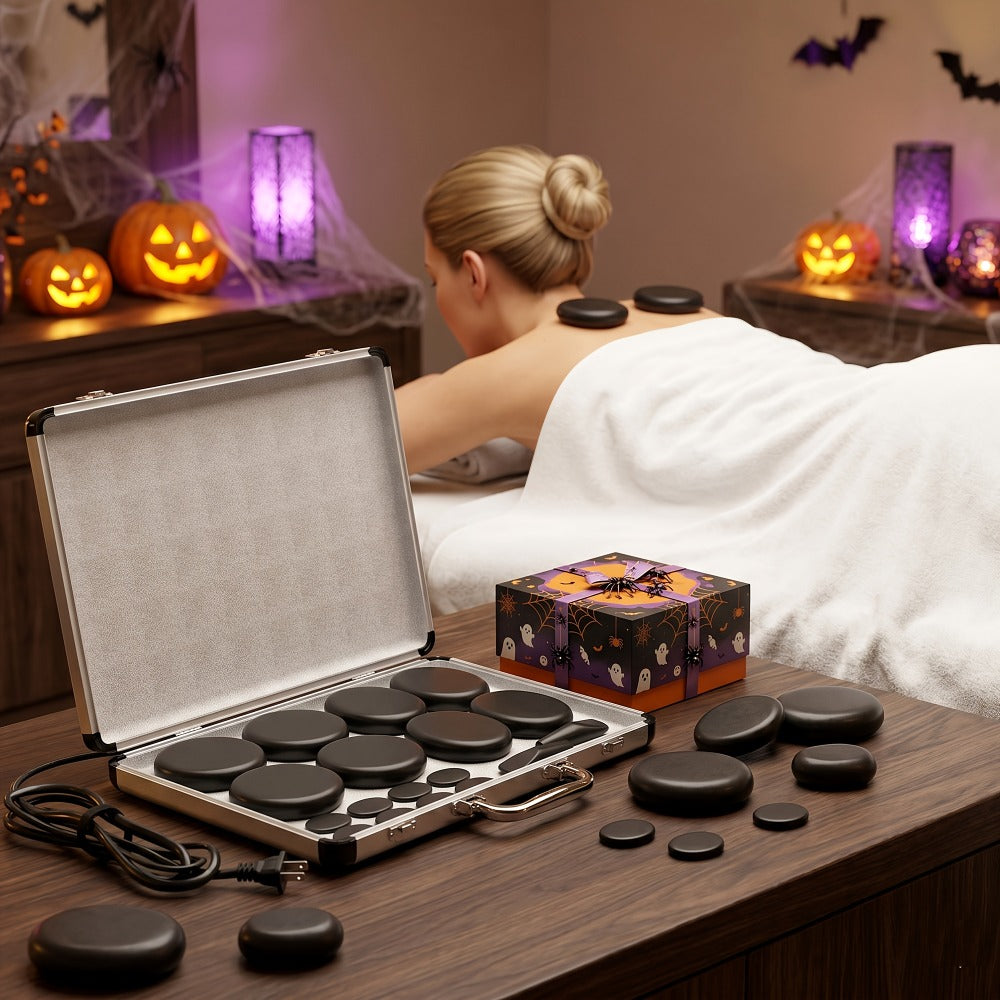 18pcs Hot Stones for Massage with Warmer, Massage Stones with Heater Kit for 4 Sizes, Hot Stone Massage for Professional Or Home Spa Warming Relaxing
