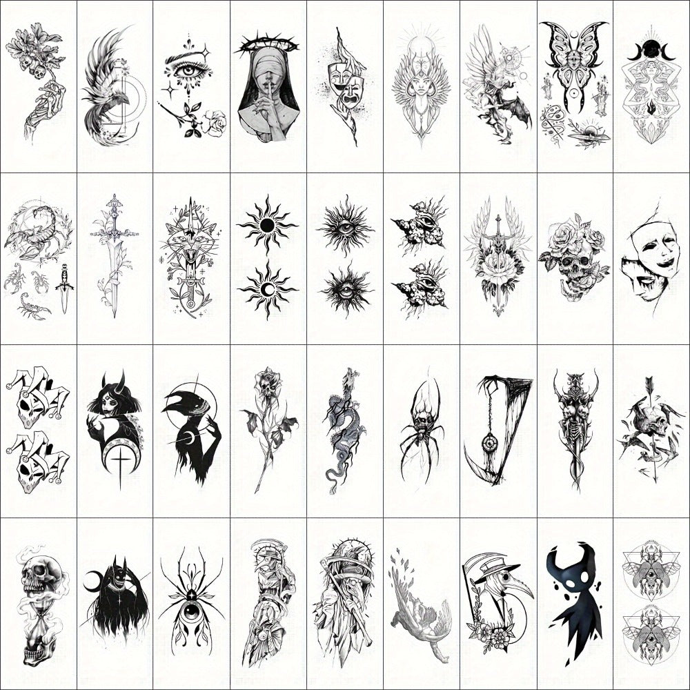 GLARYYEARS Temporary Tattoo for Men, 48pcs 12 Large 36 Small Fake Tattoos, Long-lasting Realistic Tattoo Stickers, Cool Skull Snake Death Designs for Adults Women, Black Body Half Arm Tattoos