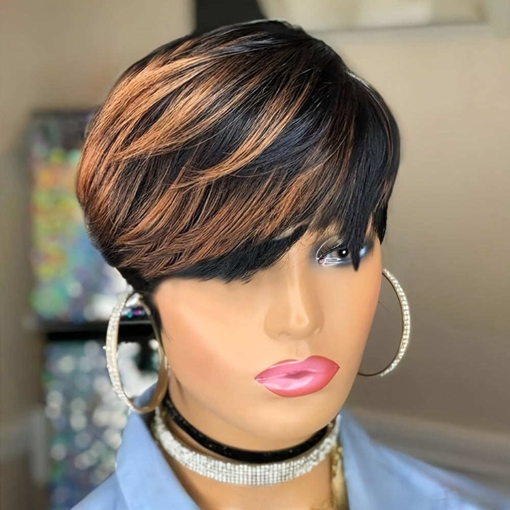 Highlight Synthetic Ombre Black Brown 1B/30# Short Straight Pixie Cut HairStyle Wigs With Bangs