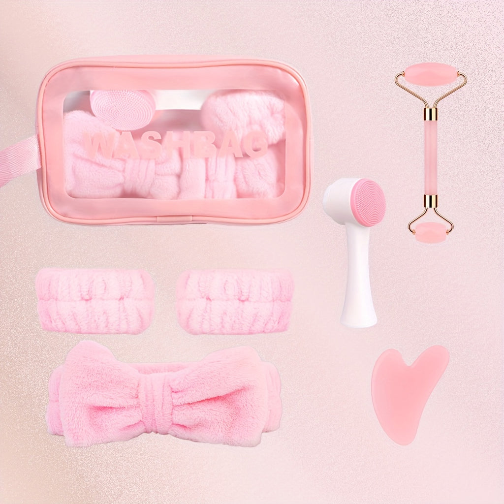 7pcs Facial Cleansing Massage Set, Includes 2 Wristbands + 1 Hair Band, 1 Double-Sided Silicone Face Brush, 1 Double-Headed Roller Massager, 1 Heart-Shaped Facial Scraping Board, 1 Pink Storage Bag, The Best Facial Cleansing And Massage Tool