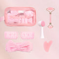 7pcs Facial Cleansing Massage Set, Includes 2 Wristbands + 1 Hair Band, 1 Double-Sided Silicone Face Brush, 1 Double-Headed Roller Massager, 1 Heart-Shaped Facial Scraping Board, 1 Pink Storage Bag, The Best Facial Cleansing And Massage Tool