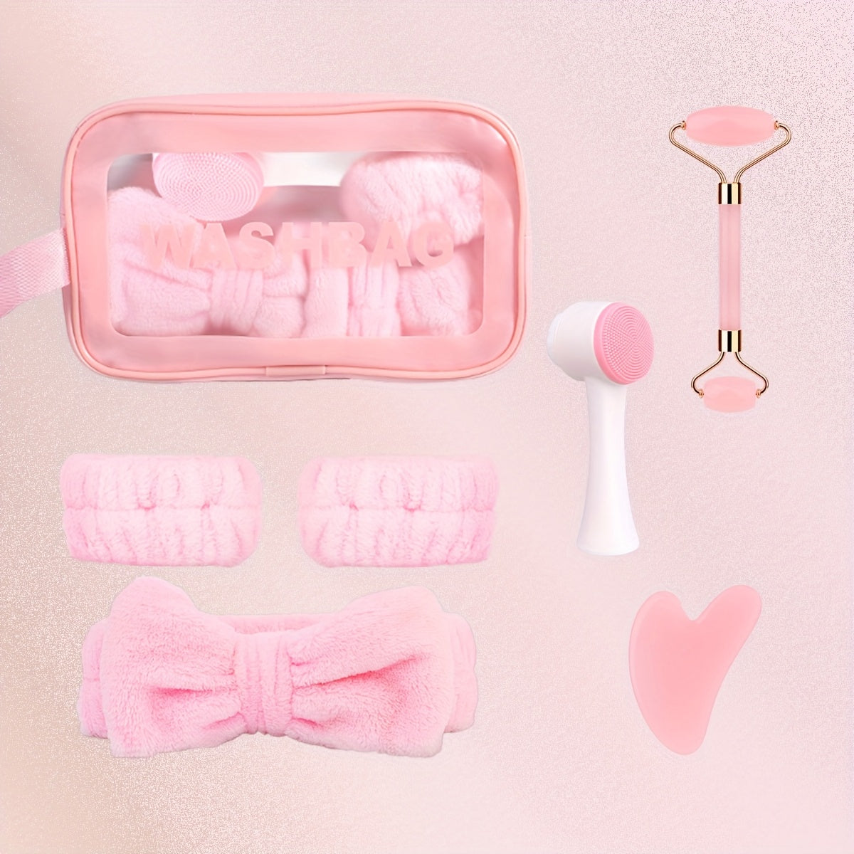 Facial Cleansing Massage Set 7Pcs Silicone Face Brush Double-Headed Roller Massager Heart Scraping Board Wristbands Hair Band Storage Bag Skincare Tool for Women