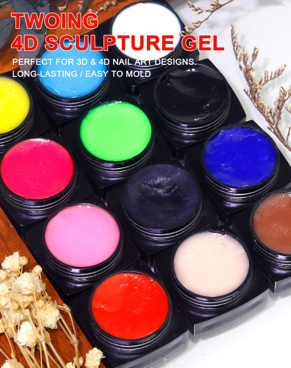 3D 4D Sculpture Gel Nail Art Kit 12 Colors with Carving Pen — Non-Sticky Soak-Off Nail Sculpting Gel Firm Texture for 3D Nail Designs Flowers Leaves Extensions DIY & Salon Manicure