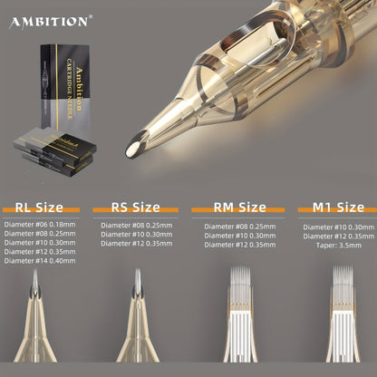 Tattoo Cartridge Needles 20pcs by Ambition – RL RS RM Sizes for Tattoo PMU & SMP | Disposable Sterilized Cartridges with Safety Membrane for Tattoo Machines