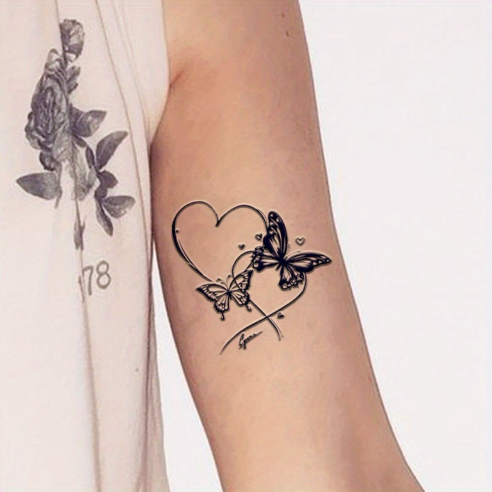 3 Sheets Semi Permanent Tattoo Butterfly 3.2'' X 3.2'', Lasting 1-2 Weeks Tattoo, Long Lasting, Juice Tattoo For Adults Butterfly With Hearts Tattoo Navy Blue That Look Real For Arm
