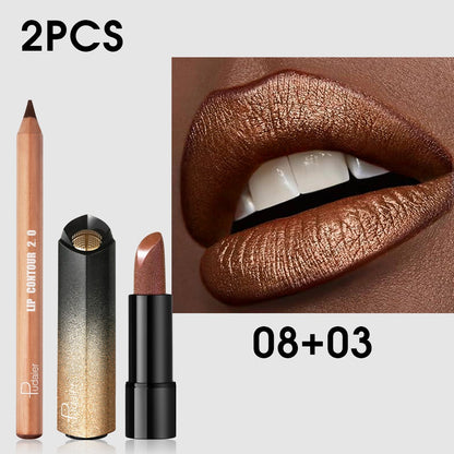 Luxury Golden Lipstick Set with Lip Liner Pencil — Brown Shimmer & Nude Lip Liner, Viral Fall Makeup Kit 2pcs Press Gold Lip Color