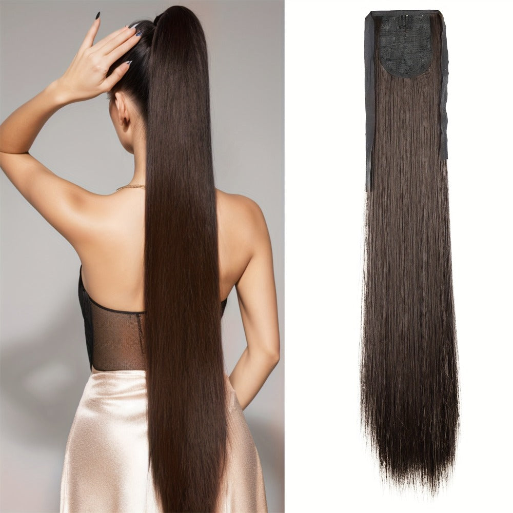 Straight Ponytail Extension 34 Inch - Ribbon Wrap Long Sleek Hairpiece High Temperature Fiber for Women Daily Wear Festive Occasions Mixed Brown Linen Champagne Olive