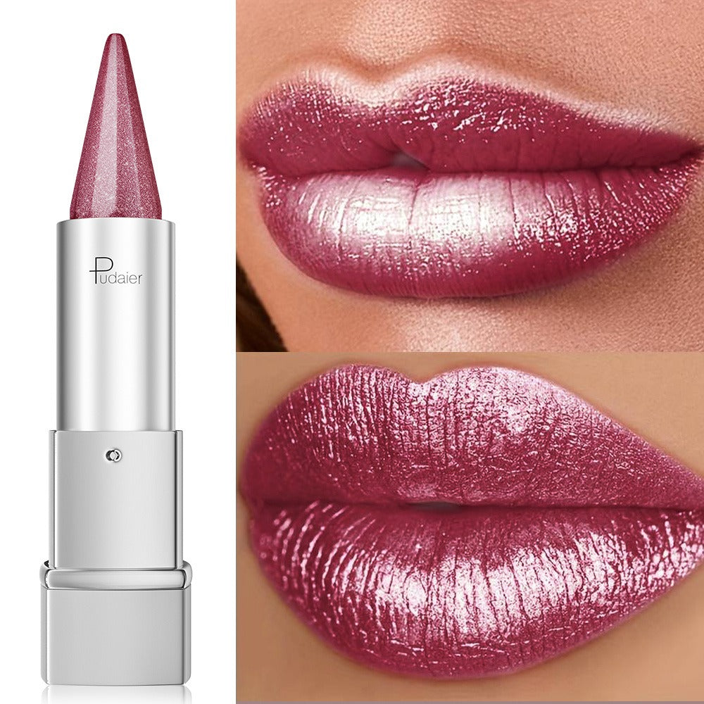 Pearlescent Metallic Lipstick Waterproof 24H Long-Lasting 5 Shades - Sparkle Pearl Finish Non-Fading Non-Stick Cup Hydrating Lip Color Fashion Makeup Women