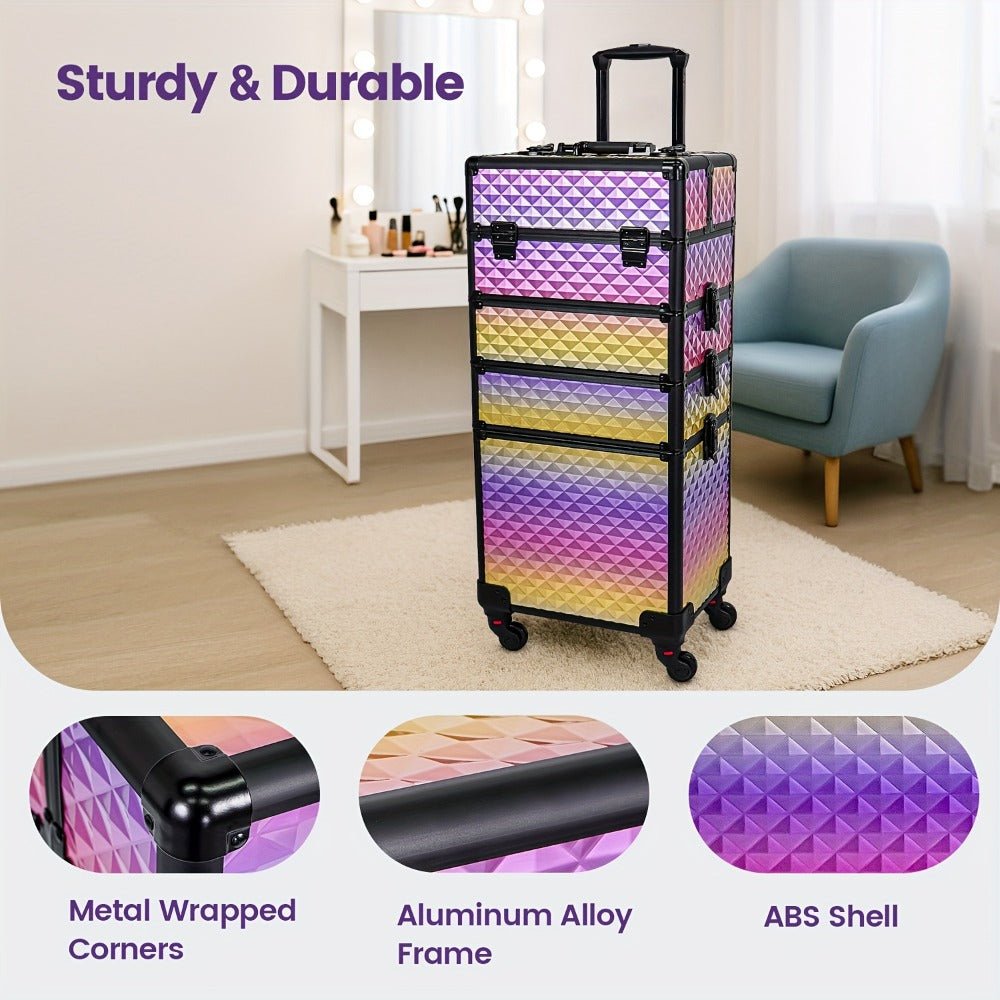 All-In-One Makeup Kit : 4-In-1 Rolling Makeup Train Case with Beauty Sponge, Large Portable Cosmetic Trolley with 360° Wheels, Professional Salon & Travel Storage Organizer